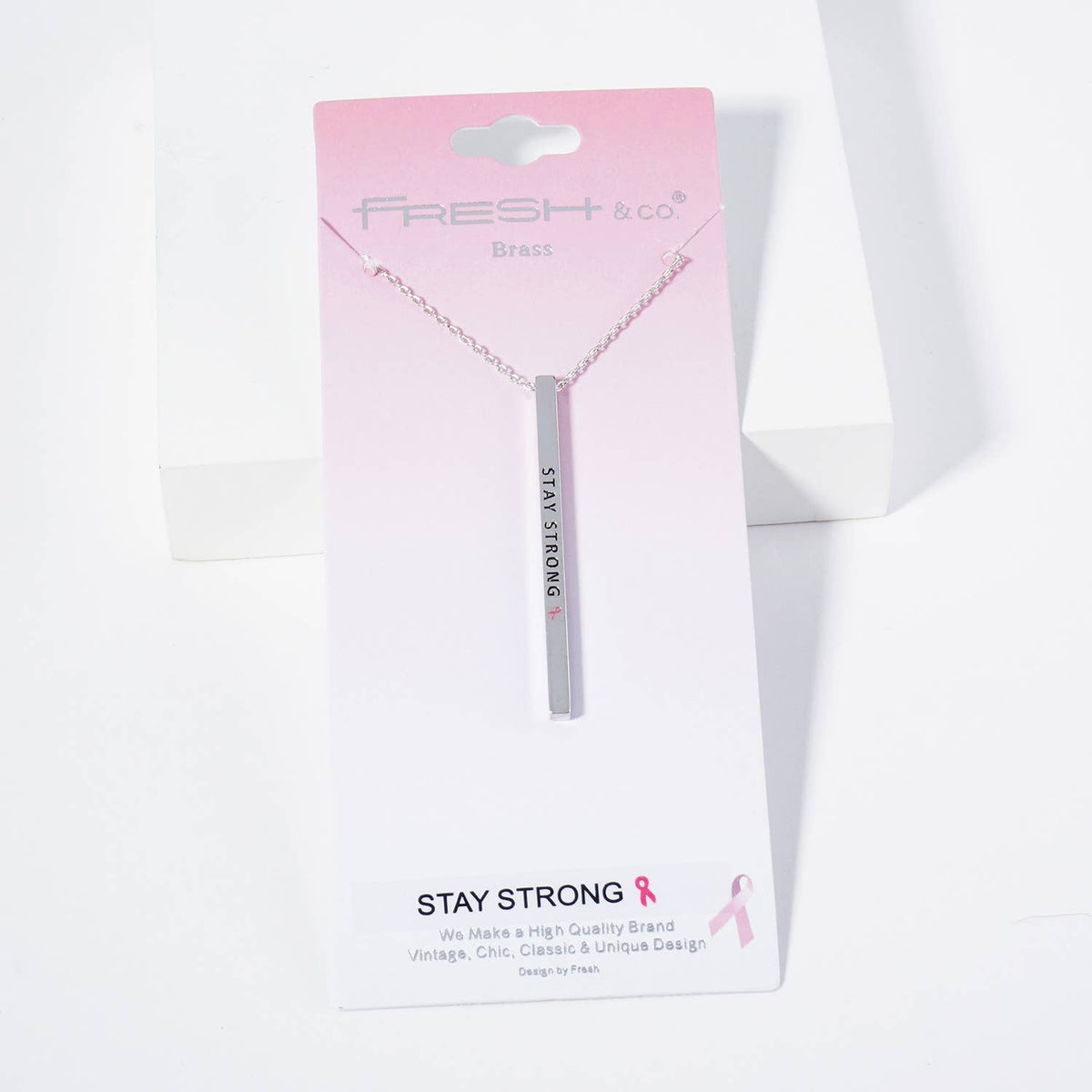 "STAY STRONG" Bar Pendant Necklace with Pink Ribbon Accent