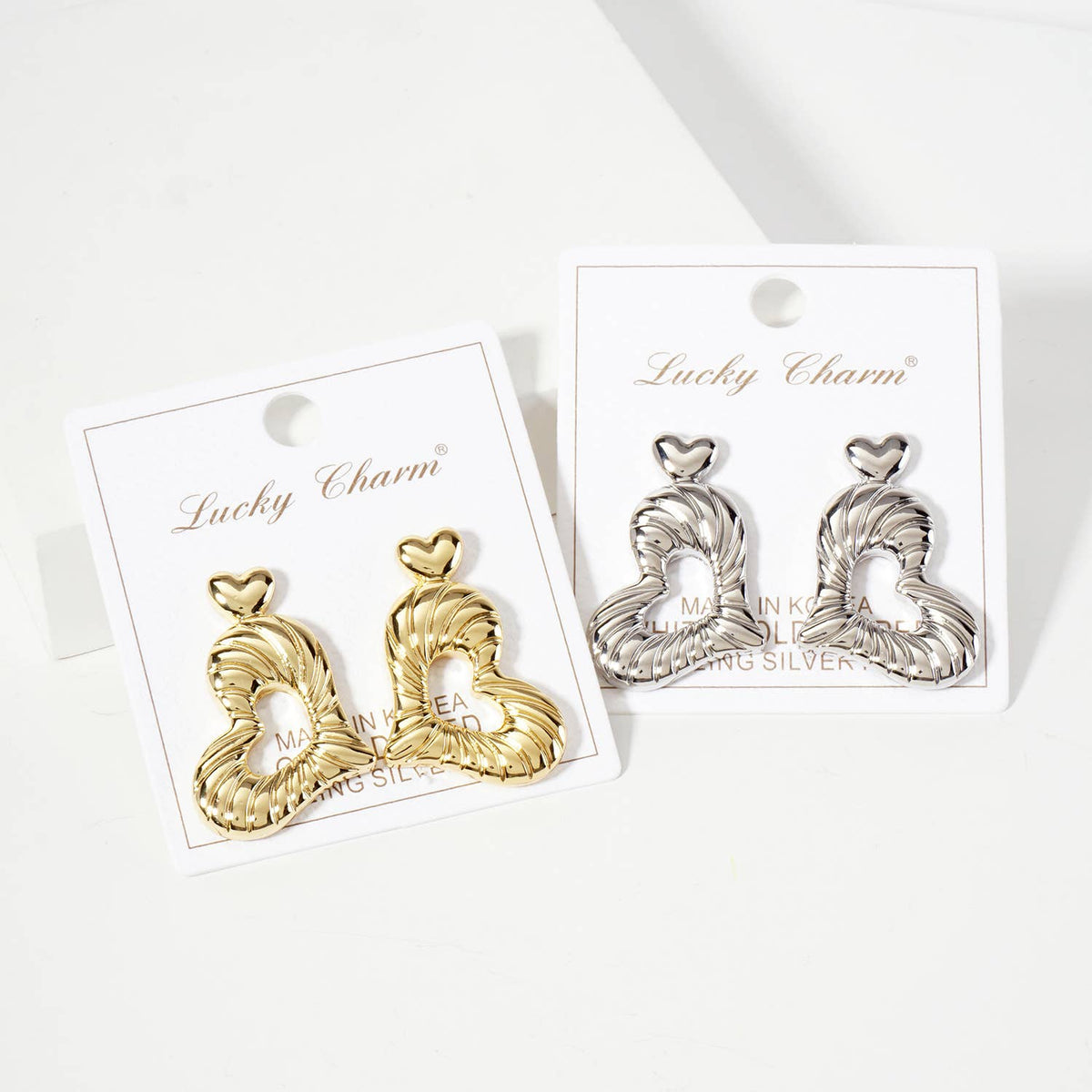 Polished Sideways Textured Heart Drop Brass Earrings