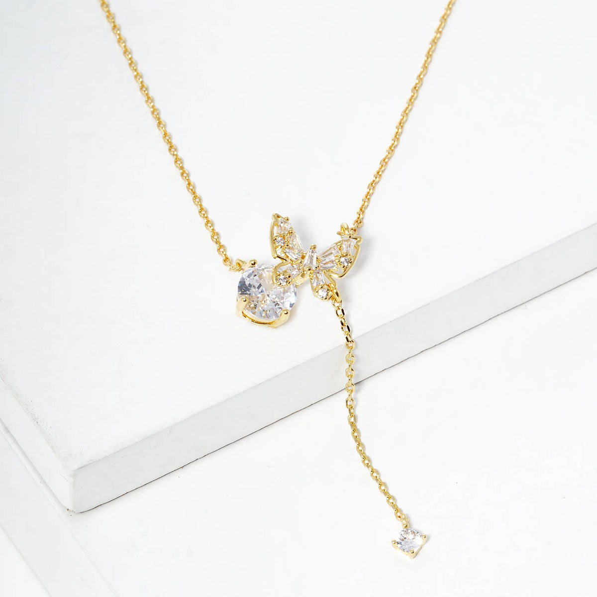 Elegant Butterfly Y-Necklace with Cubic Zirconia Drop