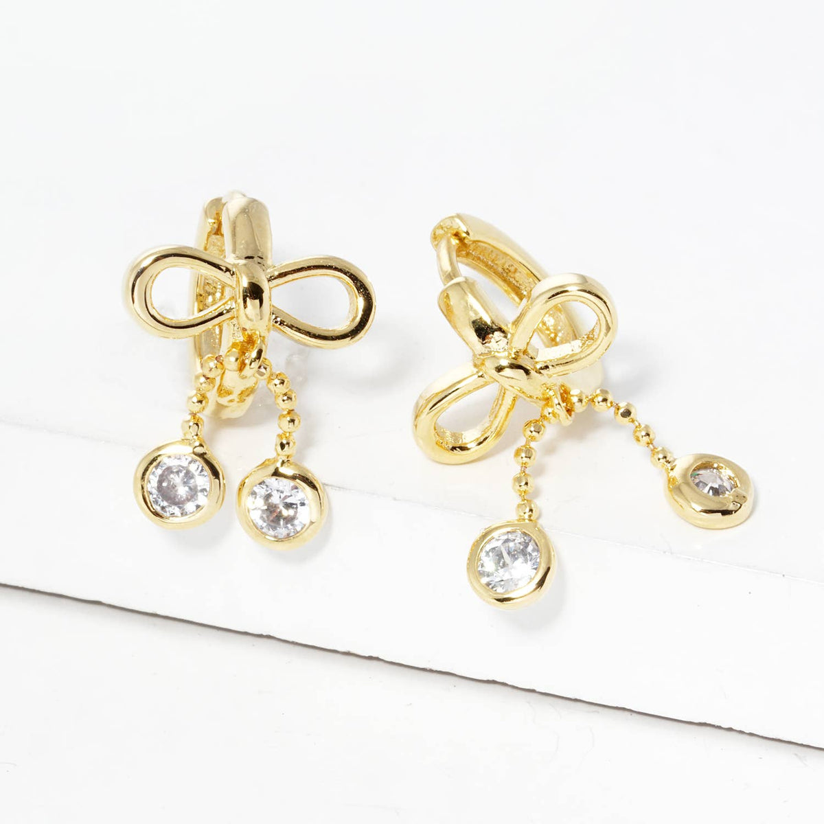 Dainty Bow & Cubic Zirconia Dangle Huggie Hoops