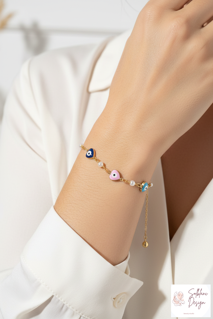 Enamel Heart Evil Eye Charm Bracelet with Pearl Accents