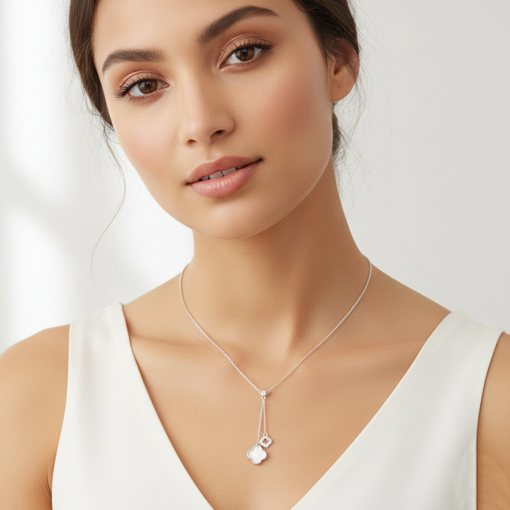 Mother of Pearl and Pave Clover Lariat Drop Necklace