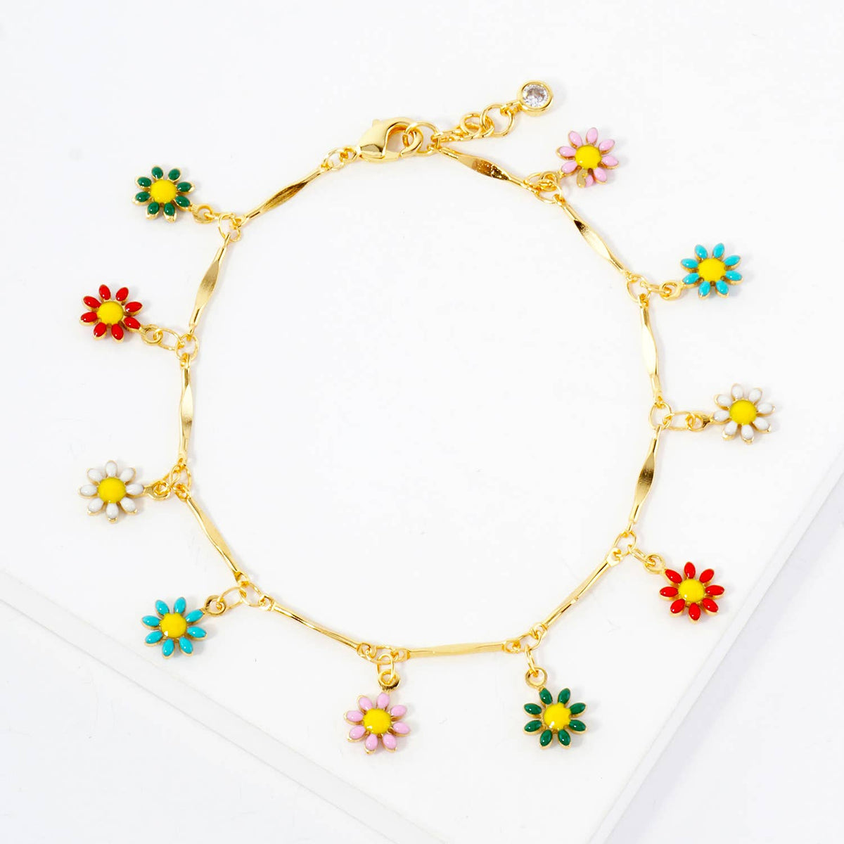 Botanical-Theme Enamel Flower Charms Chain Bracelet