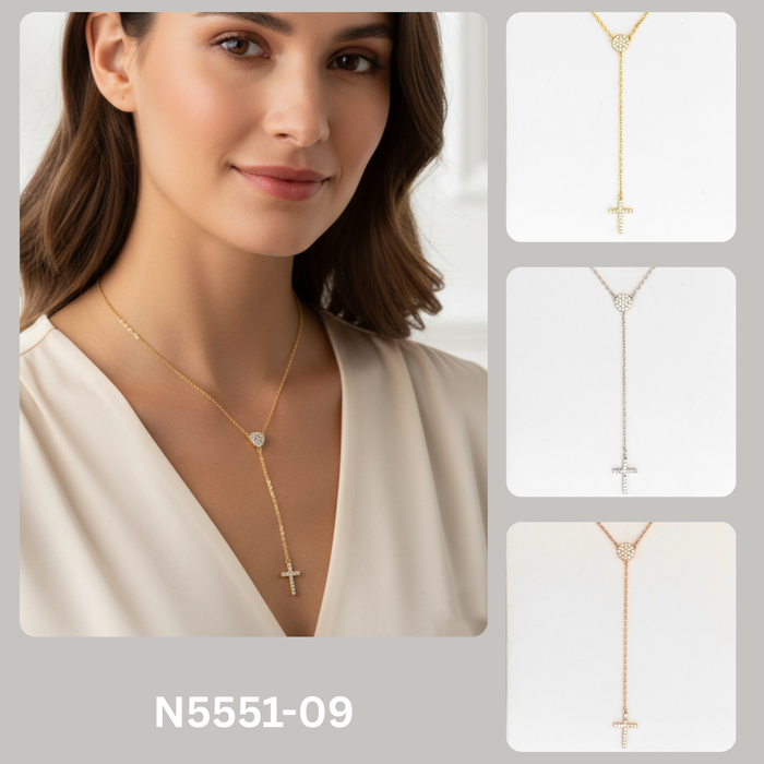 Minimalist Pave CZ Disc and Cross Y-Necklace