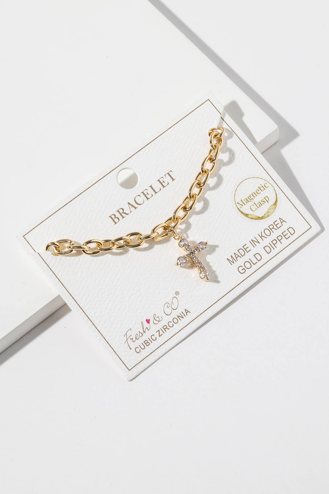 Cubic Zirconia Cross Charm Link Bracelet with Magnetic Clasp