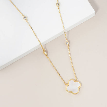 13mm Quatrefoil Pendant CZ Stone Chain Necklace / 18K Gold