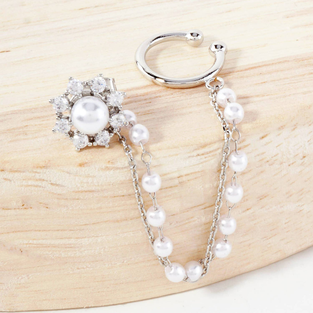 Pave-Set CZ Pearl Flower Stud and Ear Cuff Drape Earring Set