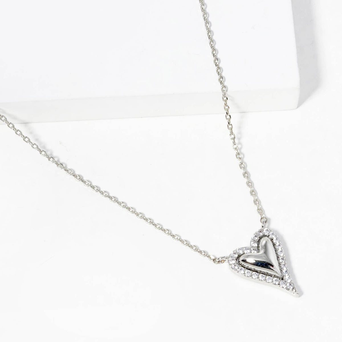 Dainty Pave Border Puffy Heart Pendant Necklace