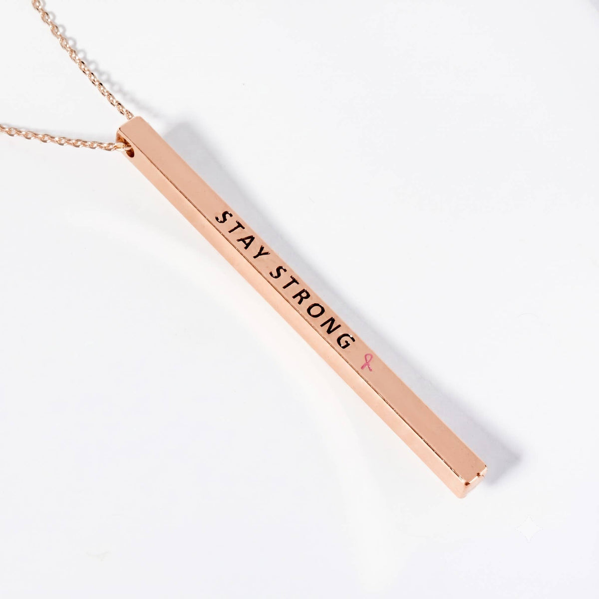 "STAY STRONG" Bar Pendant Necklace with Pink Ribbon Accent