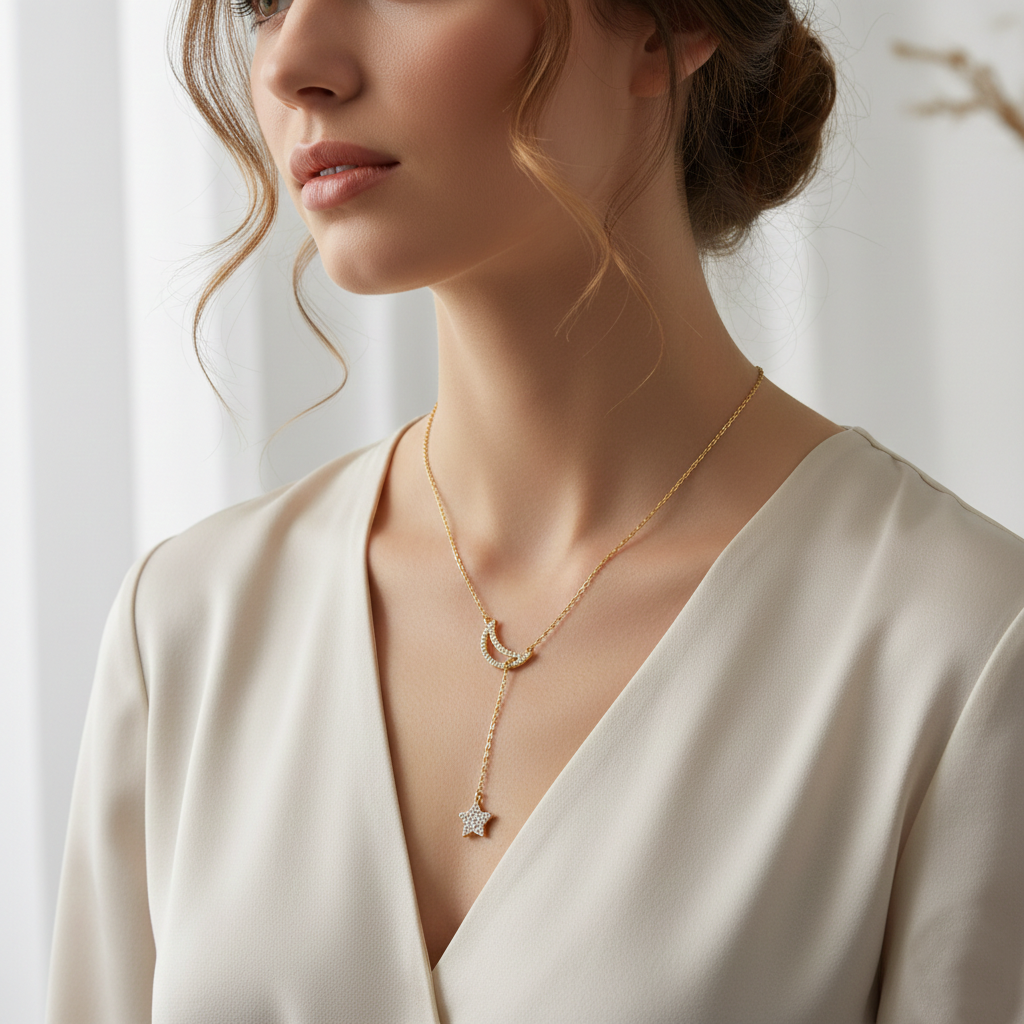 Minimalist Pave Moon and Star Lariat Necklace