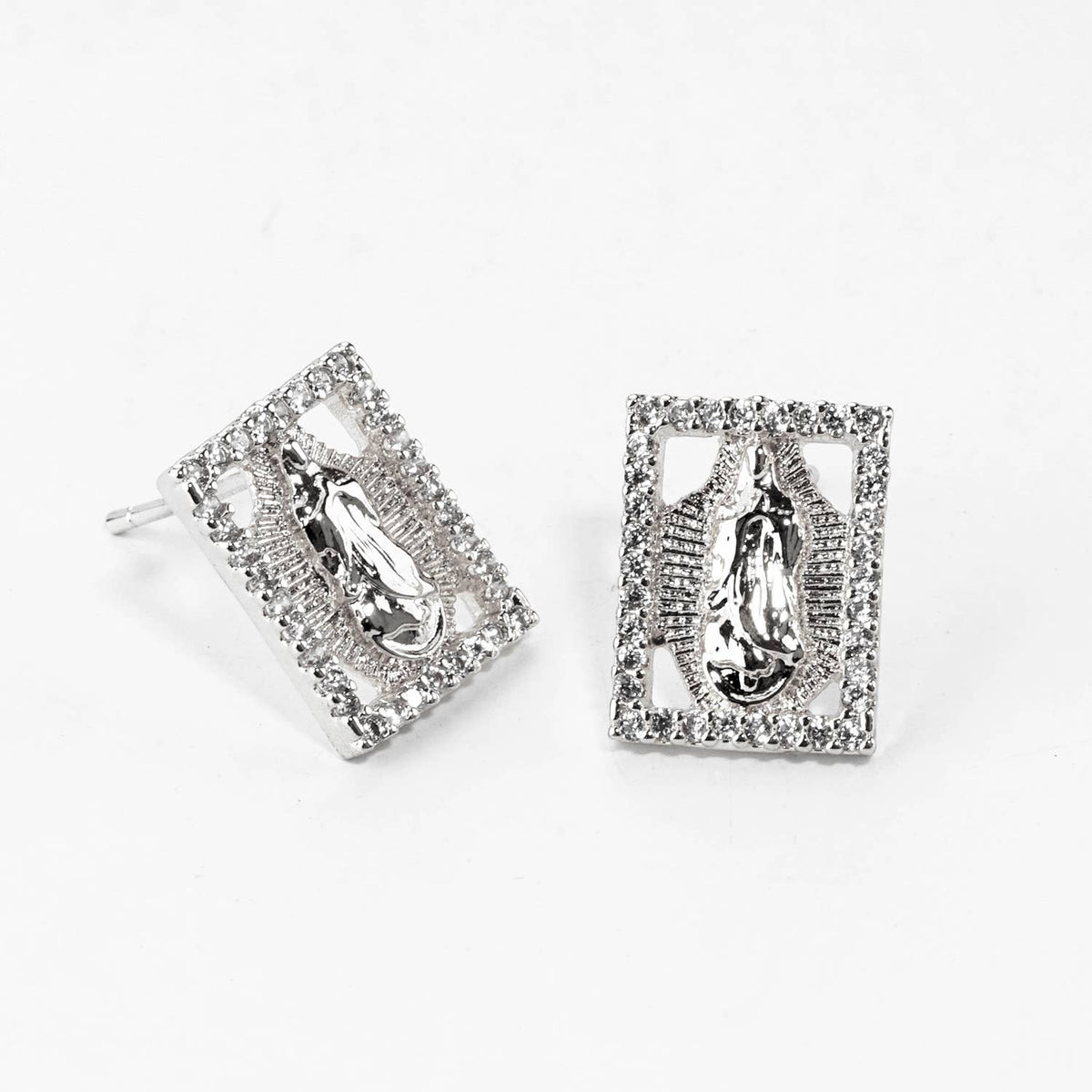 Dainty Pave Virgin Mary Rectangle Stud Earrings