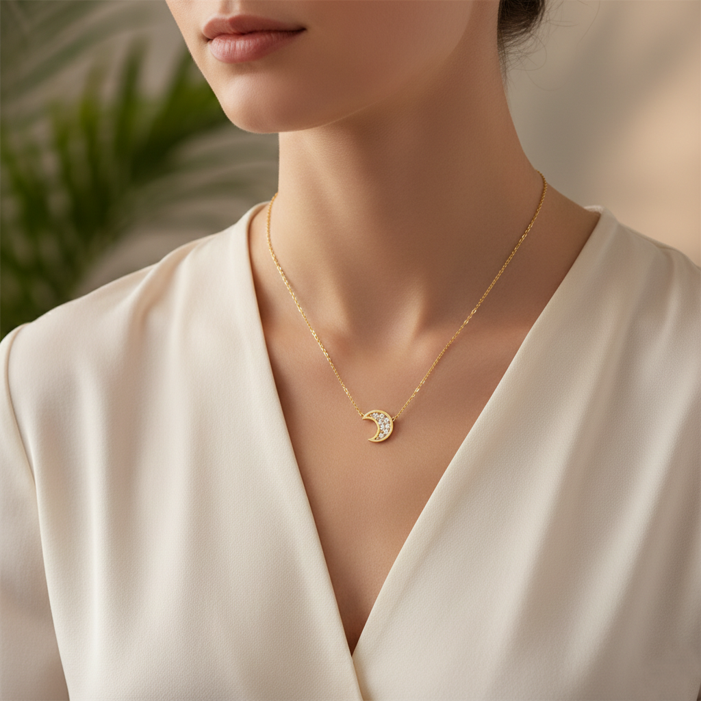 Pave Cubic Zirconia Crescent Moon Pendant Necklace