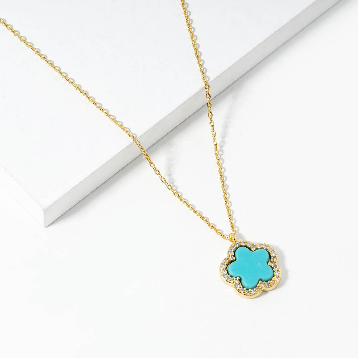 Clover Flower Pendant Necklace with Crystal Border