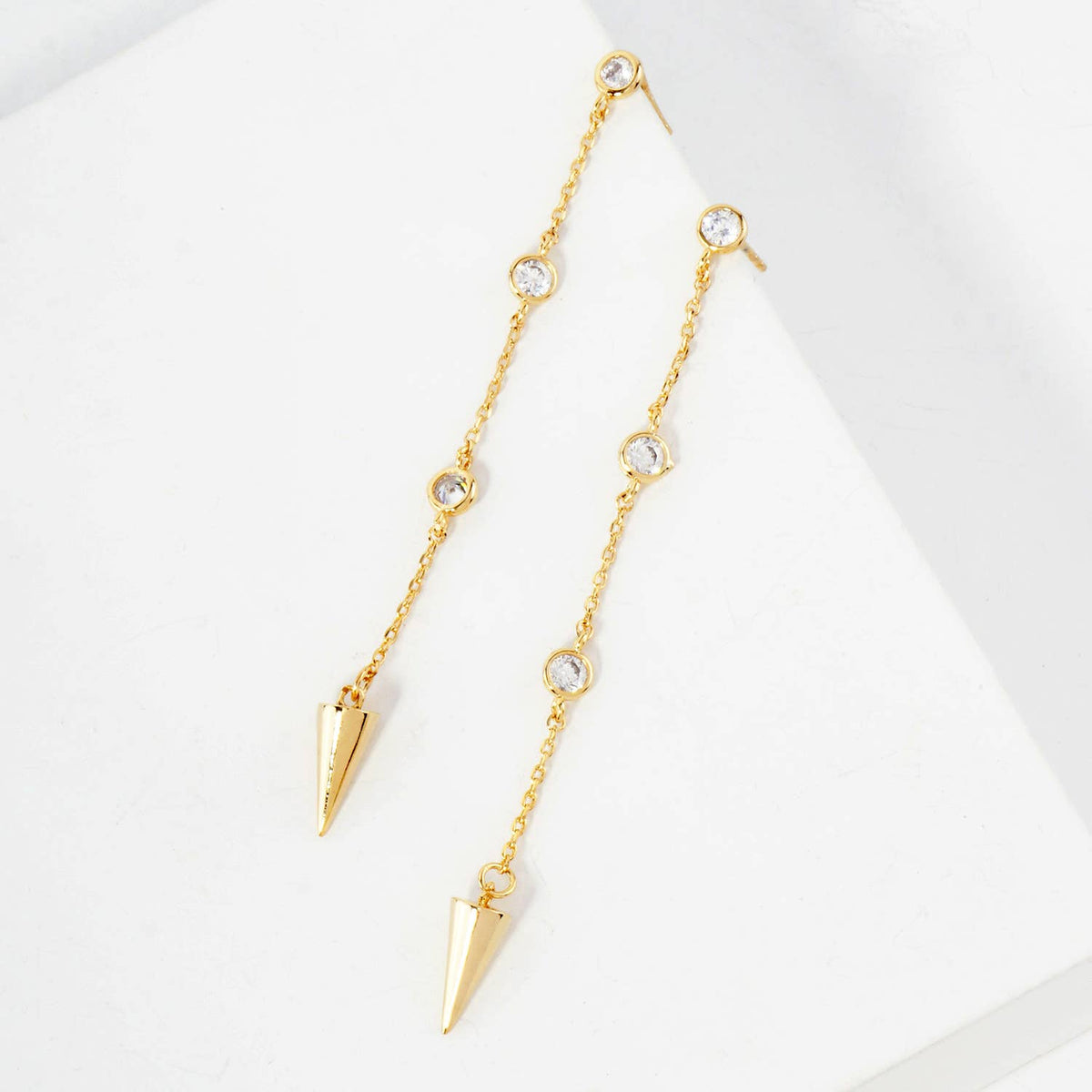 8K-Gold-Dipped Station Chain Drop Earrings with Spike Accent