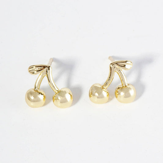 18K Gold Dipped Dainty Brass Cherry Stud Earrings