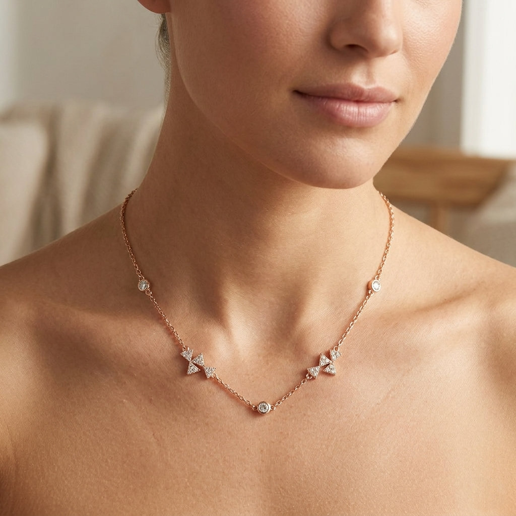 Geometric Triangle & Bezel CZ Station Charm Necklace