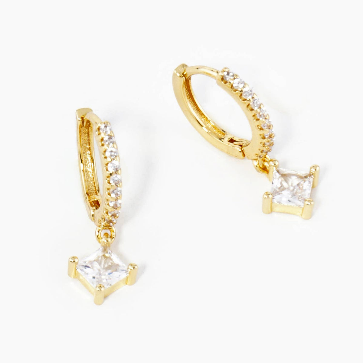 4-Prong Square Cubic Zirconia Drop 10mm Huggie Hoop Earrings