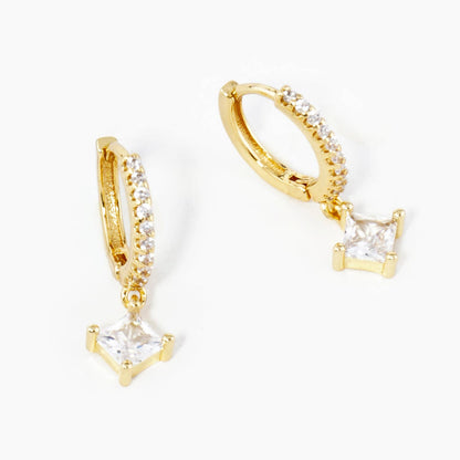 4-Prong Square Cubic Zirconia Drop 10mm Huggie Hoop Earrings