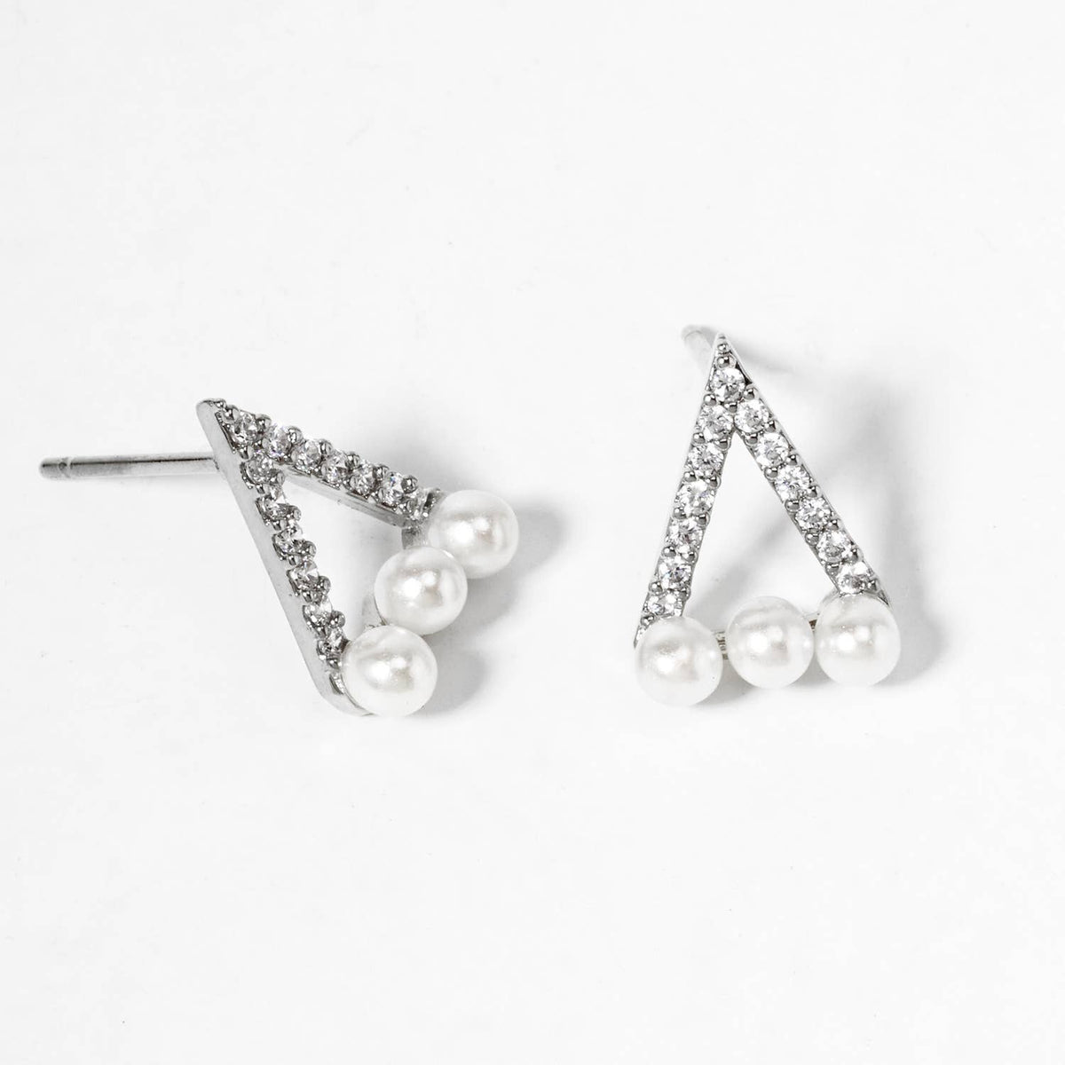 18K Gold Dipped Pearl CZ Pave Dainty Triangle Stud Earrings