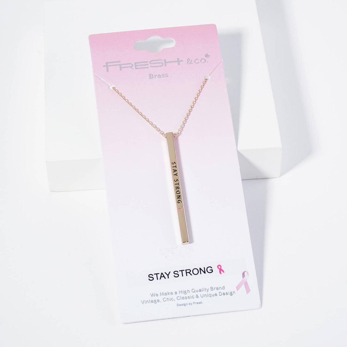 "STAY STRONG" Bar Pendant Necklace with Pink Ribbon Accent