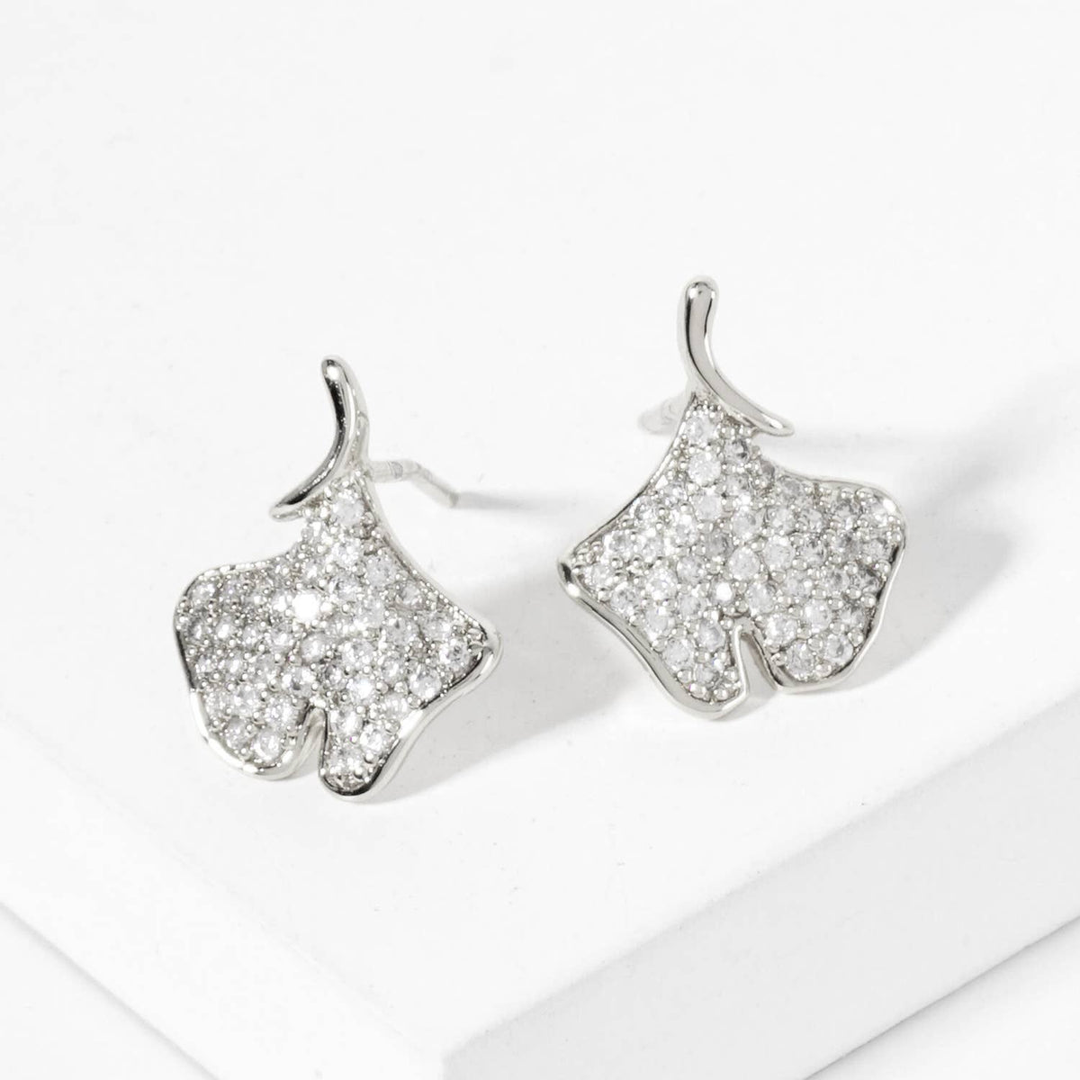 Micro-Pave-Set 13mm Ginkgo Leaf Stud Earrings