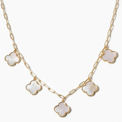 5-Clover Charm Paperclip Link Station Necklace