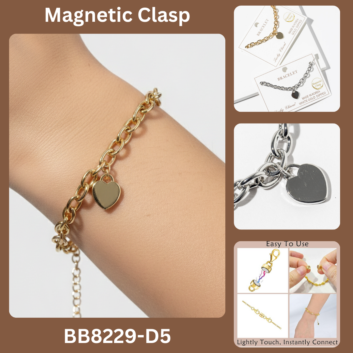 Chunky Link Heart Charm Bracelet with Easy Magnetic Clasp
