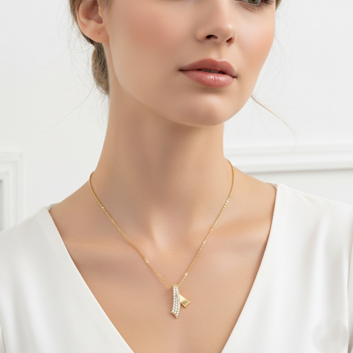 Elegant Pave Crystal Layered Ribbon Pendant Necklace
