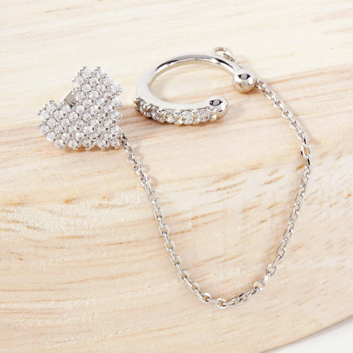 Pixel Heart Stud and Ear Cuff Drape Chain Earring Set