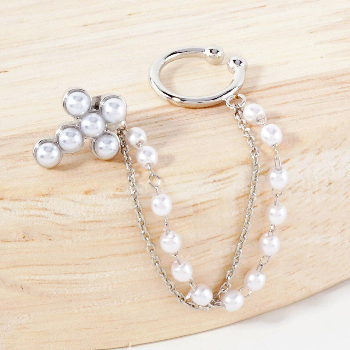 13mm Pearl Cross Stud and Ear Cuff Drape Chain Earring Set