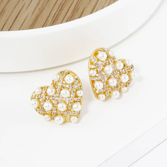 18K Gold Dipped Pearl Beaded Cubic Zirconia Heart Stud