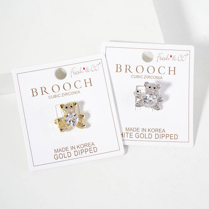 Holding-a-CZ-Heart Teddy-Bear Brass Brooch