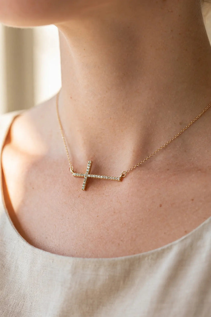 Sideways Cross Necklace – Horizontal Crystal Cross,