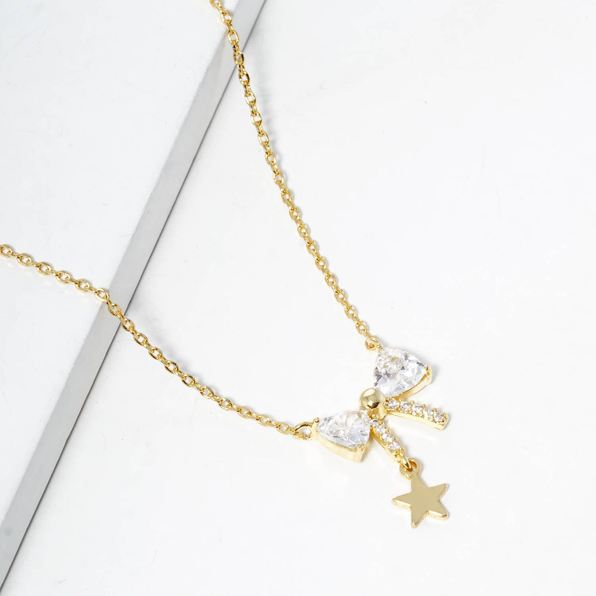 Dainty CZ Bow & Star Pendant Necklace