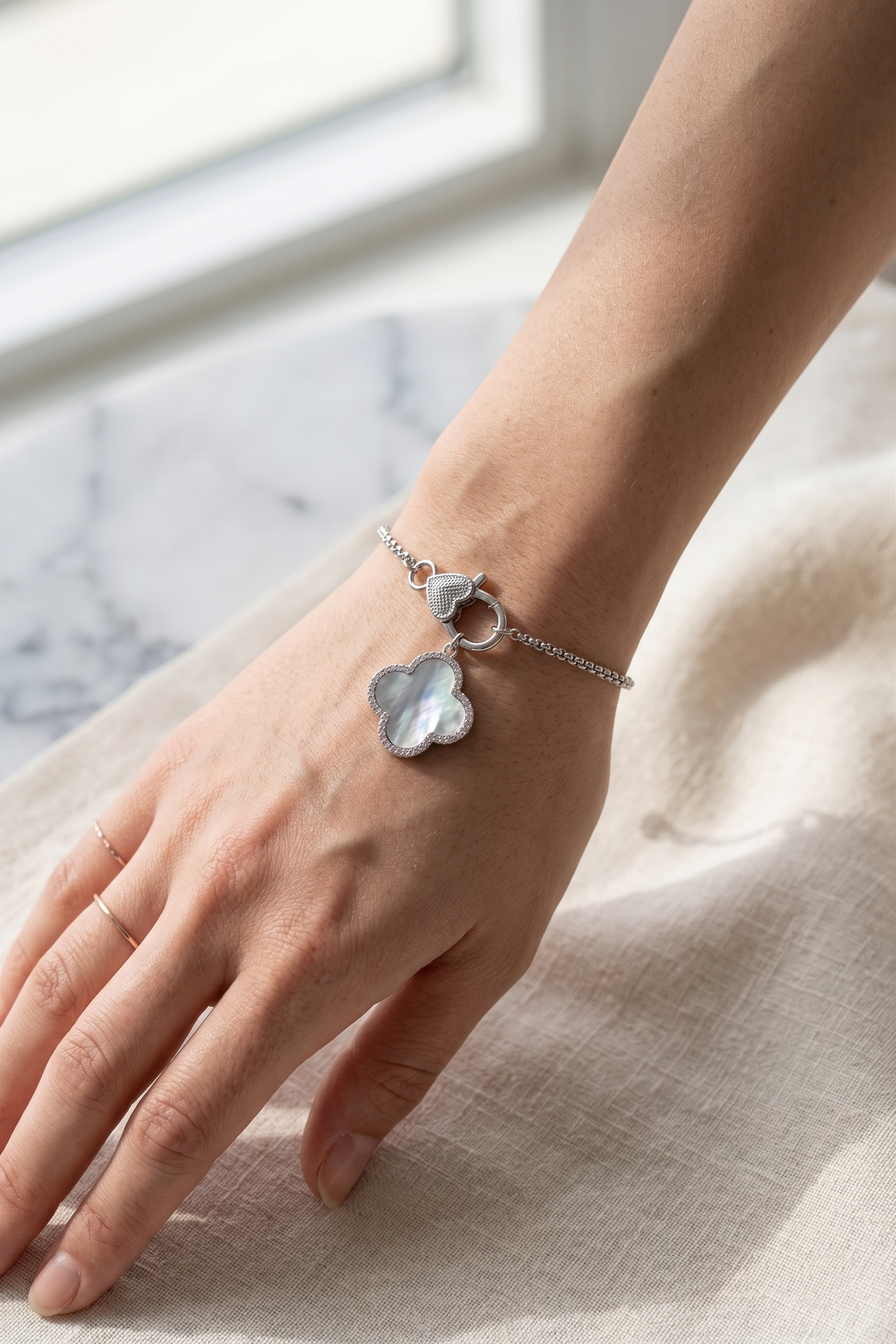Minimalist Lucky Clover Bracelet with Heart Clasp