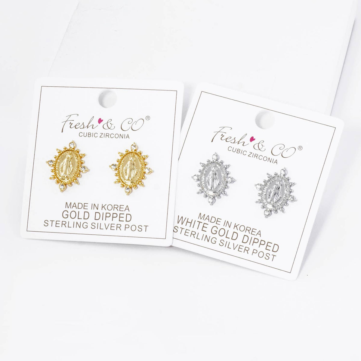 18K GOLD DIPPED CZ OVAL MIRACULOUS MEDAL RELIGIOUS STUD