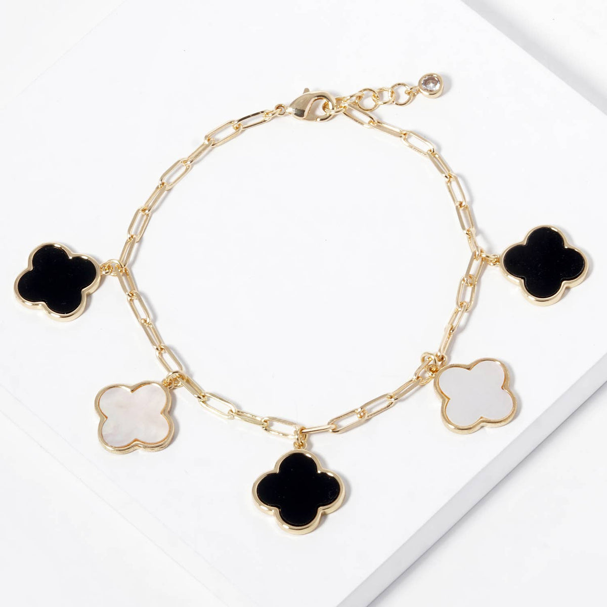 Mother of Pearl Clover Charm Paperclip Link Bracelet