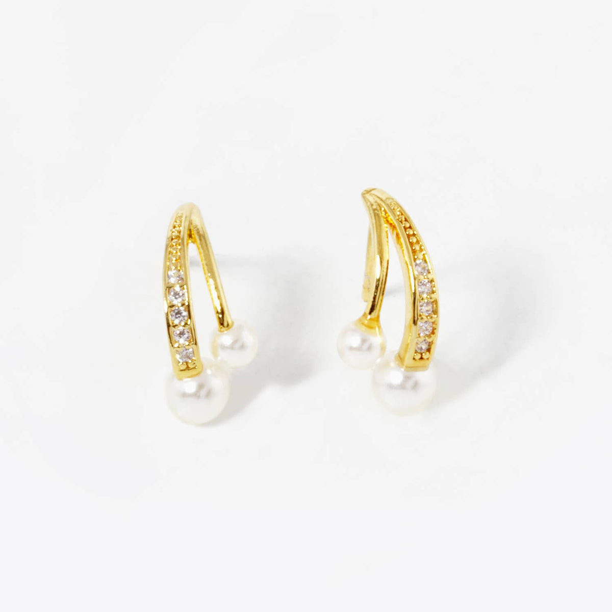 Dainty Pave Cubic Zirconia & Double Pearl Open Hoop Earrings