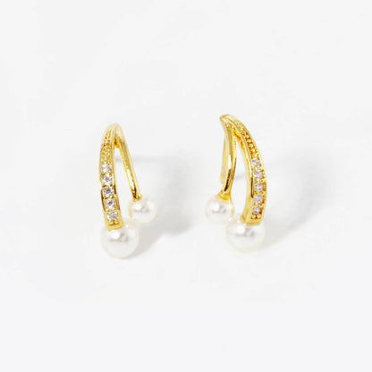 Dainty Pave Cubic Zirconia & Double Pearl Open Hoop Earrings