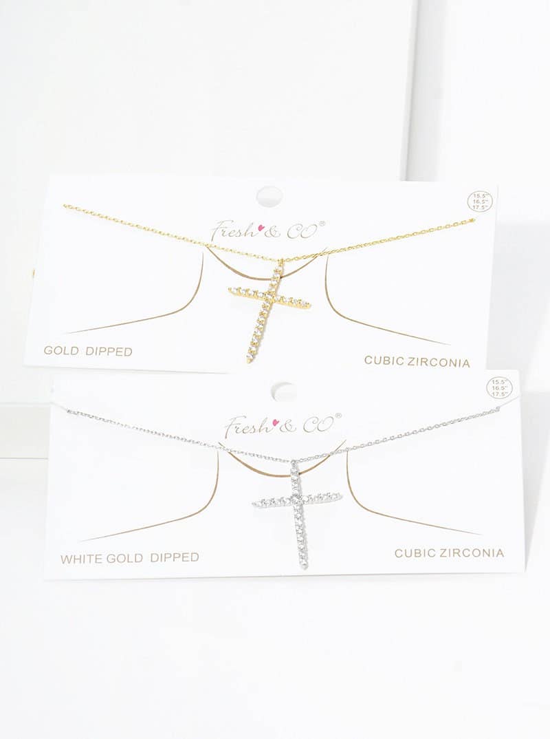 Gold Plated Round Cut Cubic Cross Necklace