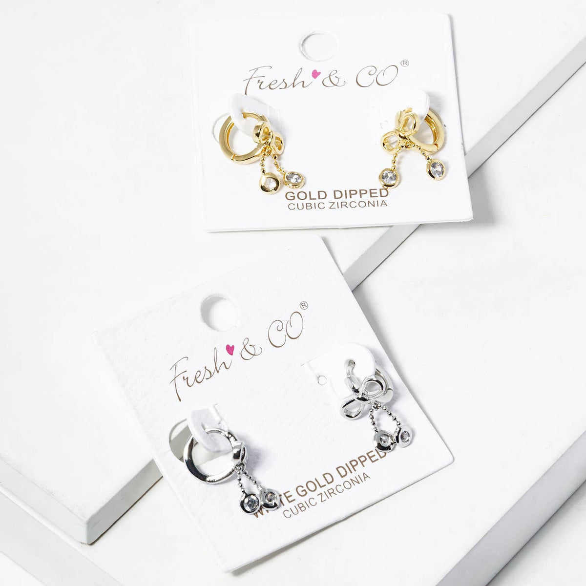 Dainty Bow & Cubic Zirconia Dangle Huggie Hoops