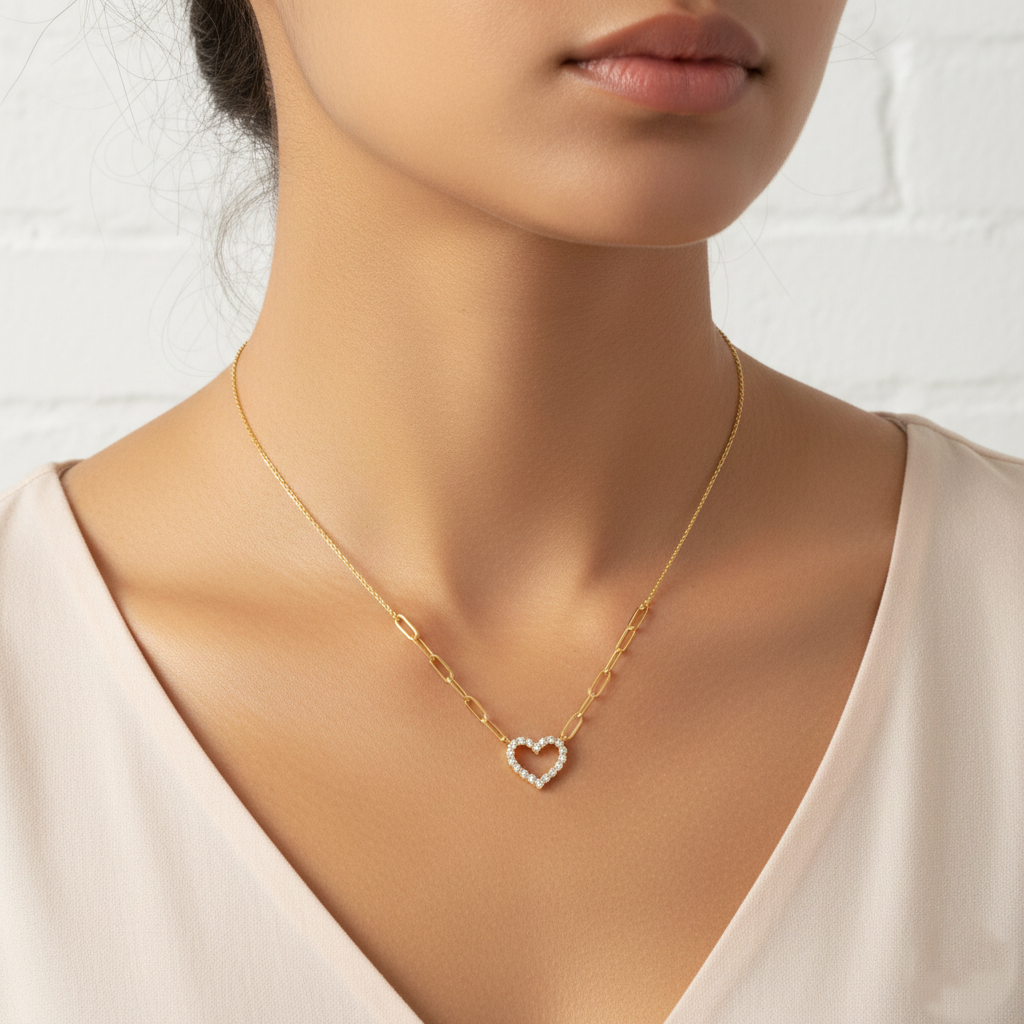 Pave CZ Open Heart Link Mixed Chain Necklace