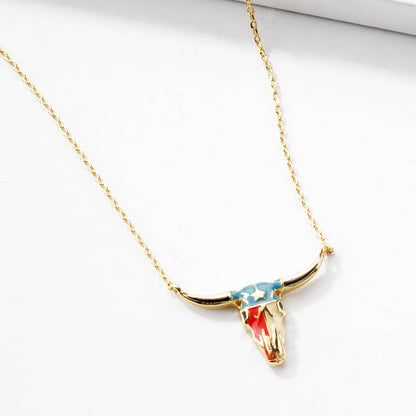 Patriotic Enamel Longhorn Skull Pendant Necklace