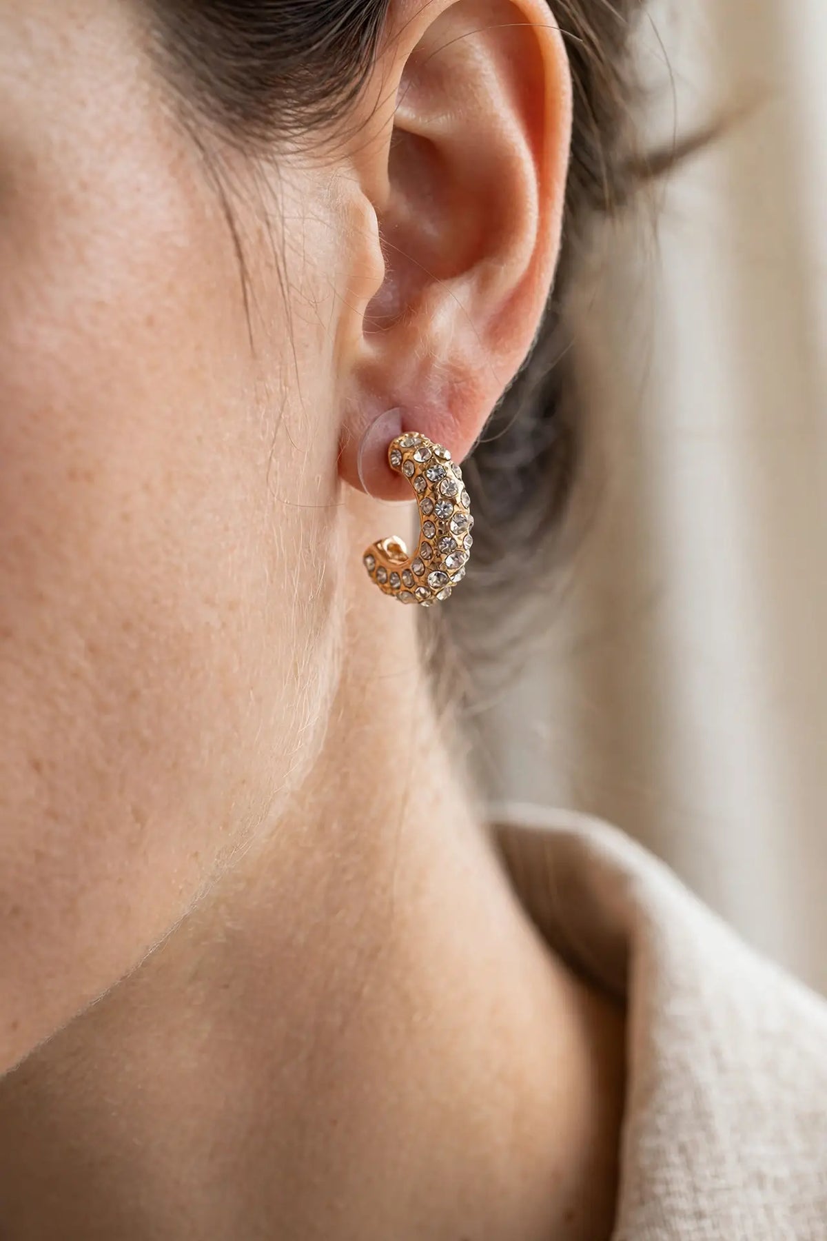Crystal Half-Hoop Earrings – Pavé Dome Crescent, Gold