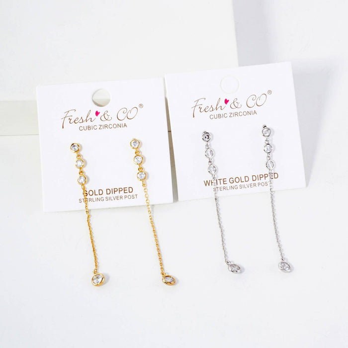 Round CZ Stone Trio with 4mm Stone Drop Chain Earrings