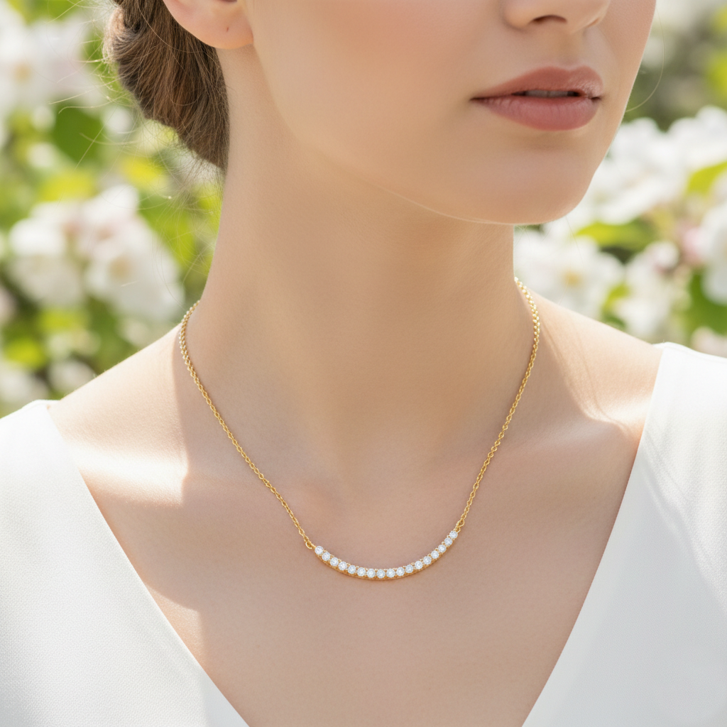 Elegant Curved CZ Bar Smile Necklace