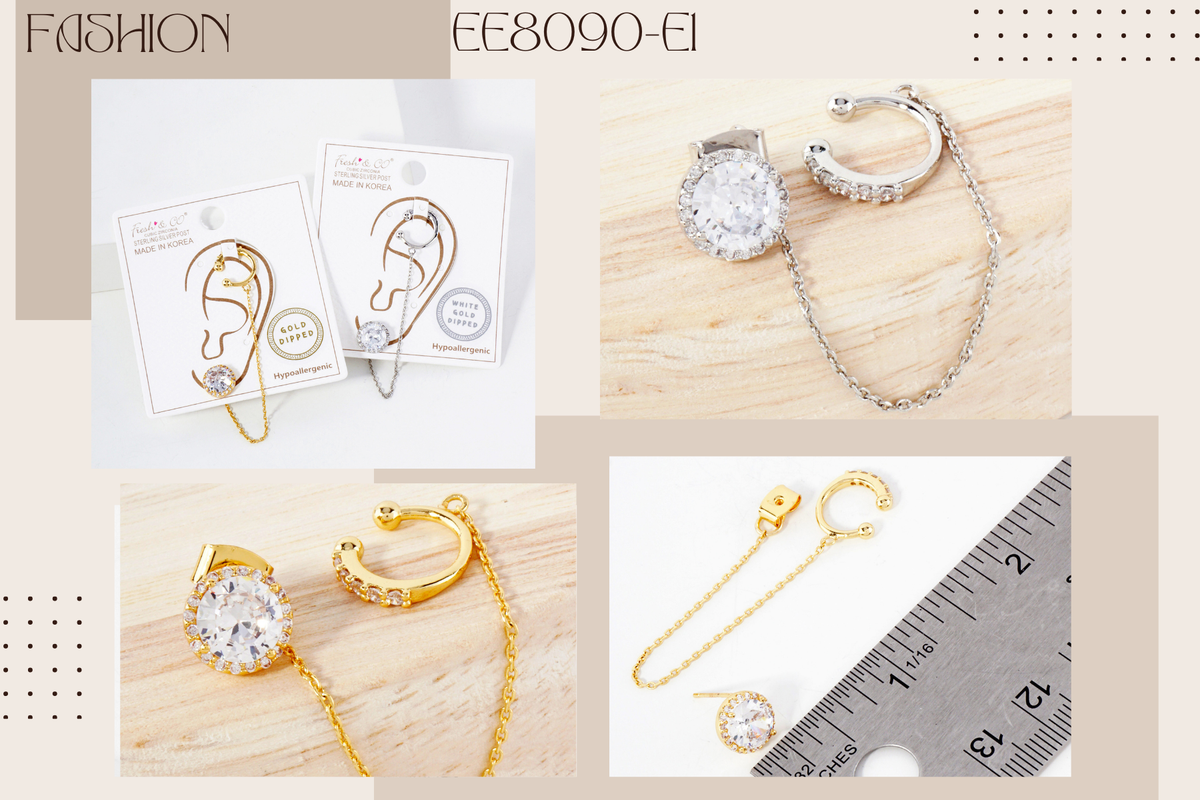 4-Prong 7mm Ear Cuff Drape Chain Earring Set