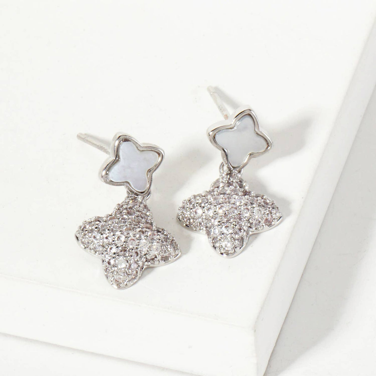 6-10mm Pave-Set Double Quatrefoil Drop Dangle Earrings