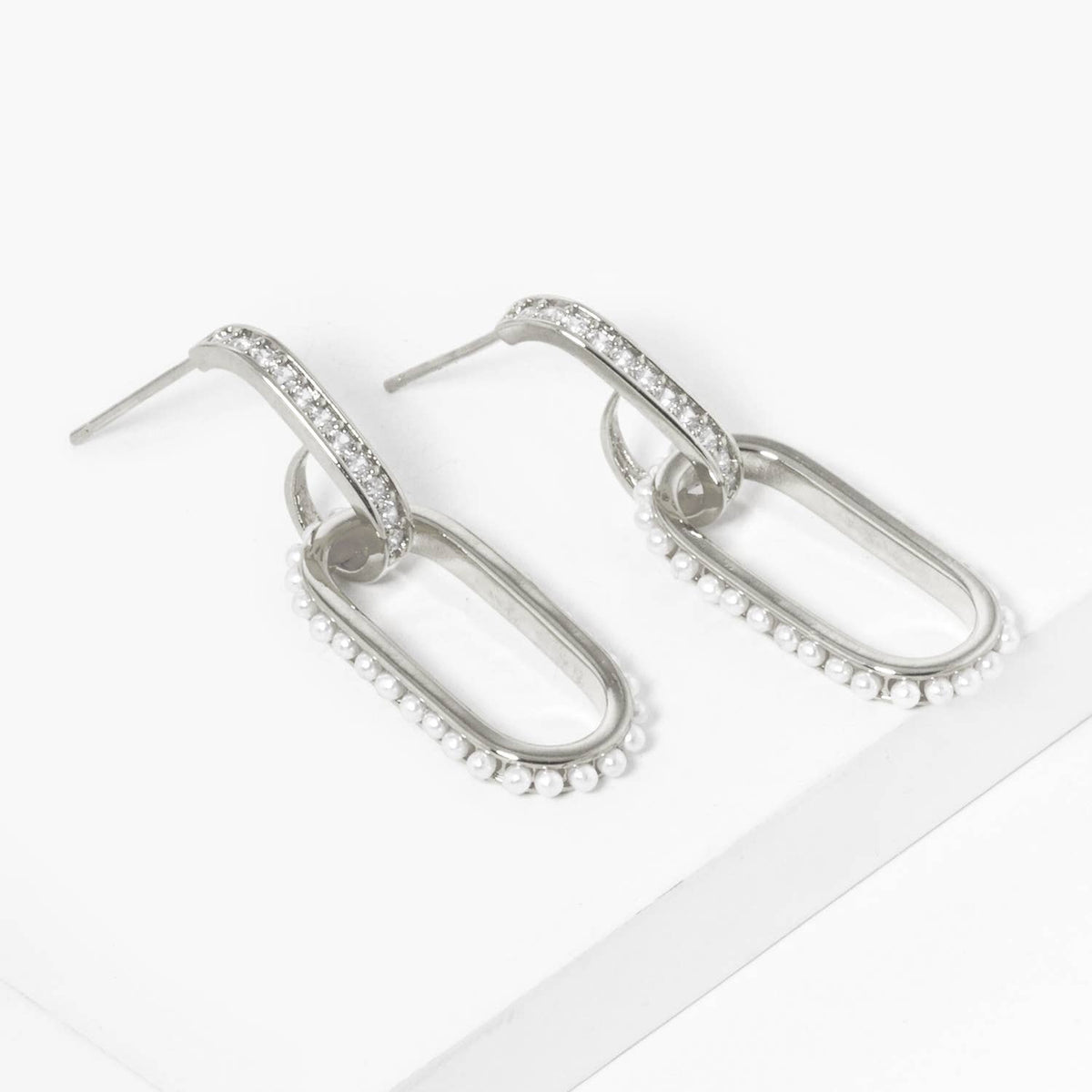 Geometric Pave Oval & Pearl Drop Earrings