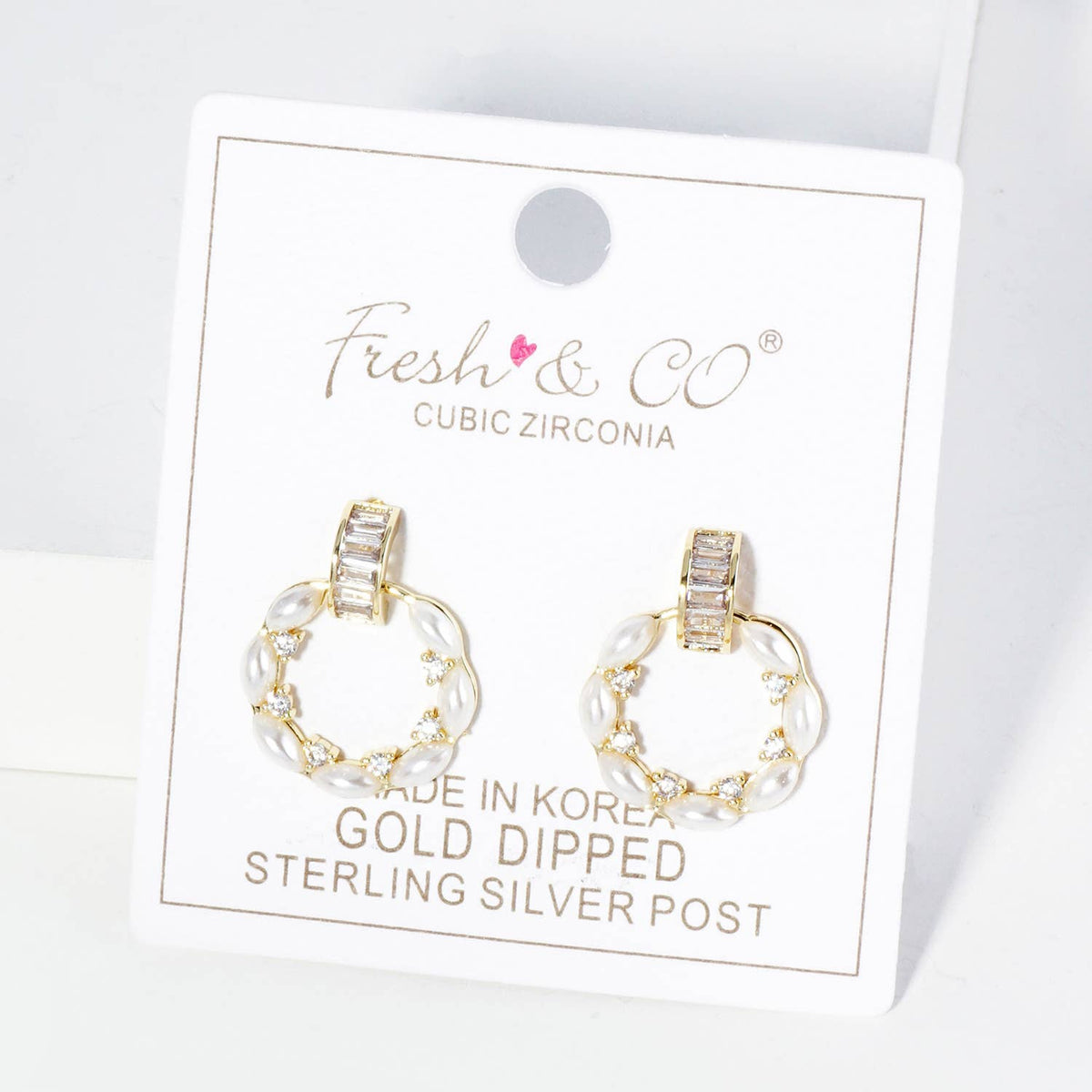 18K Gold Dipped CZ Pearl Beaded Circle Drop Post Earrings